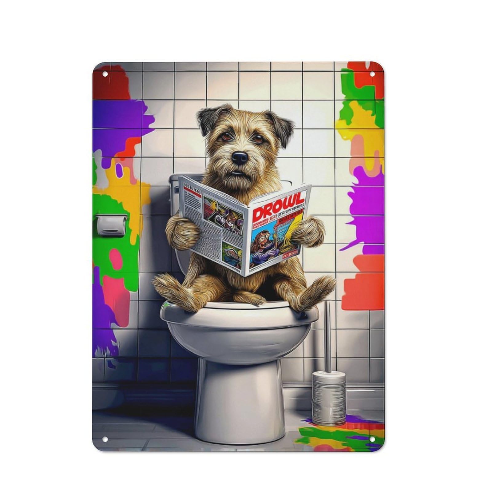 Junmoney Dog Reading Magazine On Toilet-4 Shop Front Style Decorative Metal Plaque 40X30cm, Shop Wall Decor For Cafe, Bistro, Bakery Or Restaurant