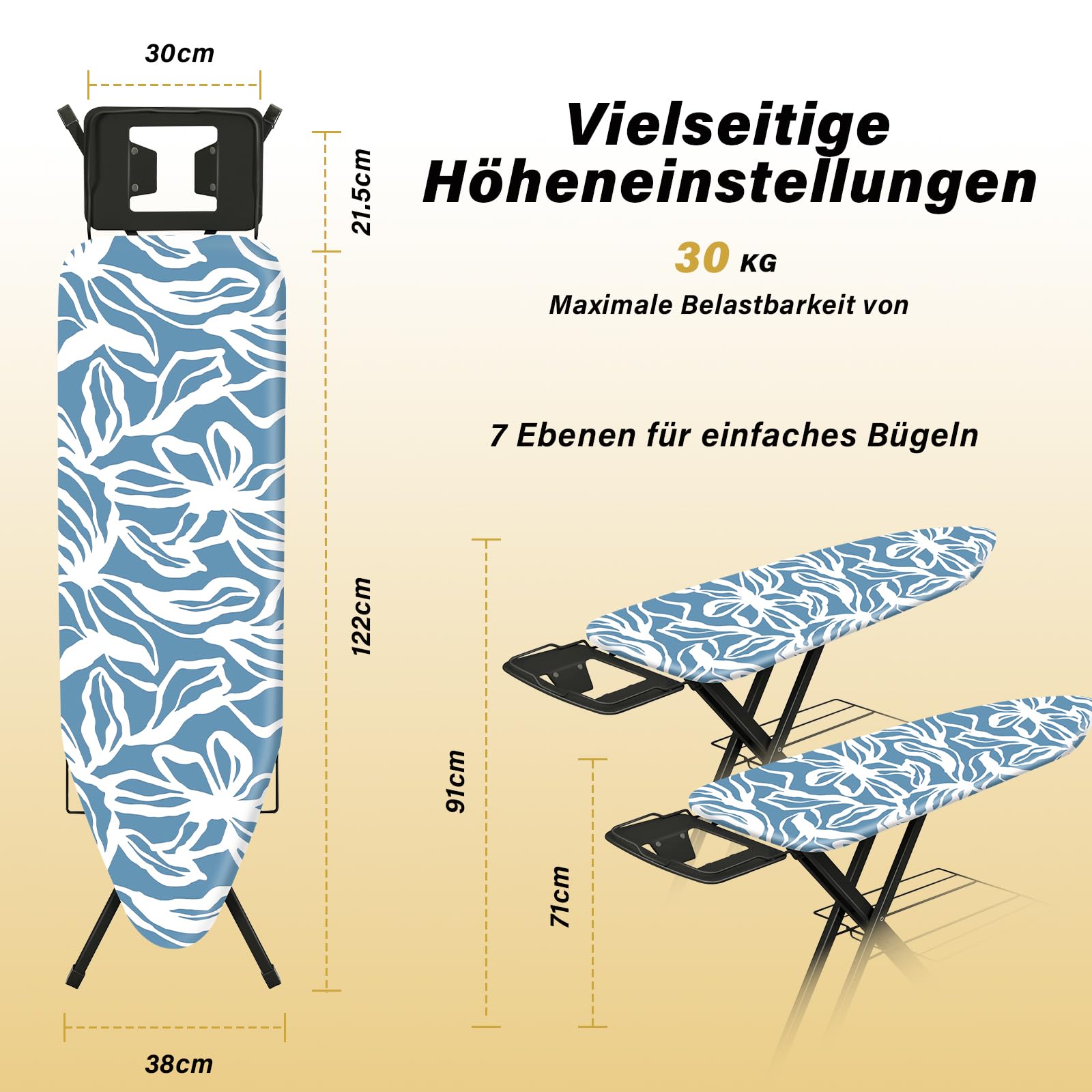 STANEW Bügelbrett 122 x 38 cm,Klappbares Bügelbretter Bügeltisch für Dampfbügeleisen,Sicherheitsschließsystem,höhenverstellbar,Integriertem Eisenständer(Indigo-Farbstoff)