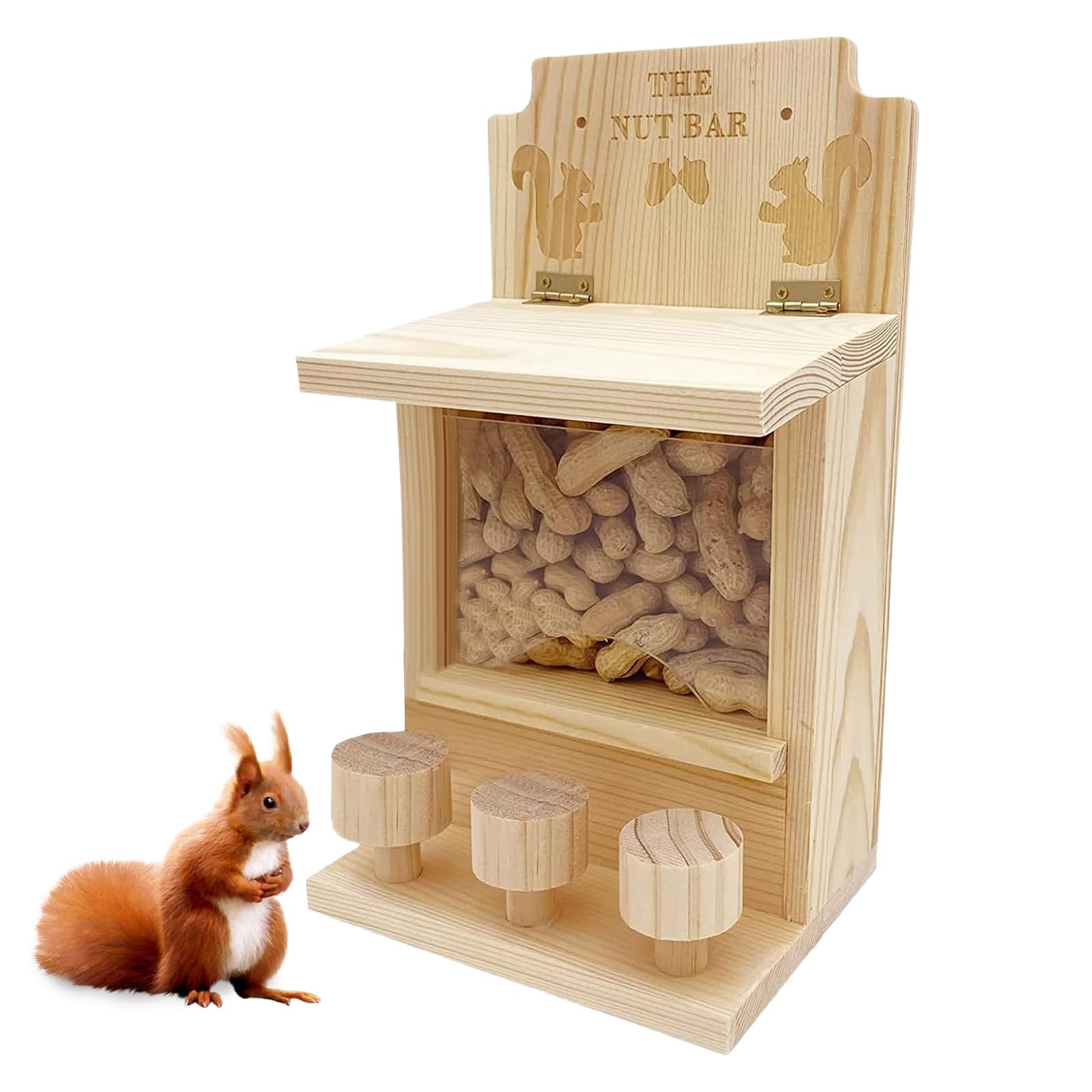 Wooden Squirrel Feeder, Squirrel Food House with 3 Stools Chipmunk House Box Clear Window Chipmunk Feeder Station for Garden Backyard Porch Decoration