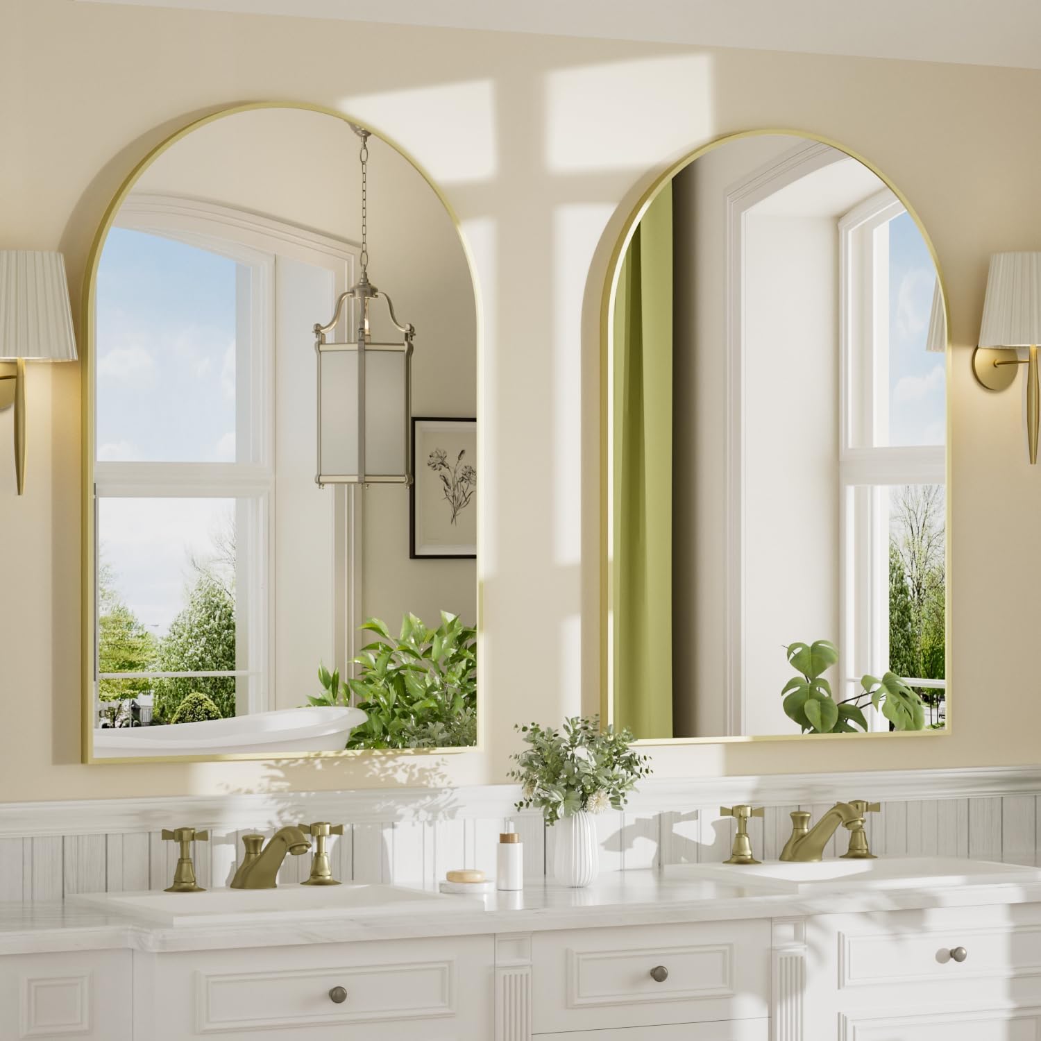 24"x30" Brushed Gold Arched Vanity Bathroom Mirror, Set of 2 | Aluminum Alloy Frame, Clear Reflection, Rust-Resistant, Vertical or Horizontal, Wall Mount, Bedroom and Entryway