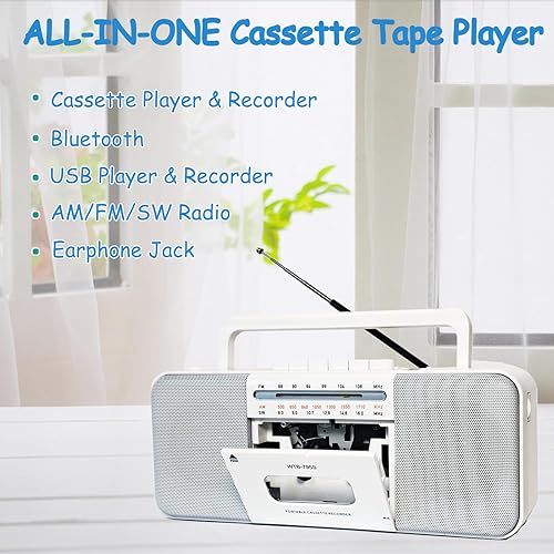Vista 2 de Cassette Tape Player Recorder Boombox with Bluetooth, AM/FM/SW Radio, Record to Cassette/USB/SD, Premium 10W Sound, AC/DC Powered, Portable Cassette