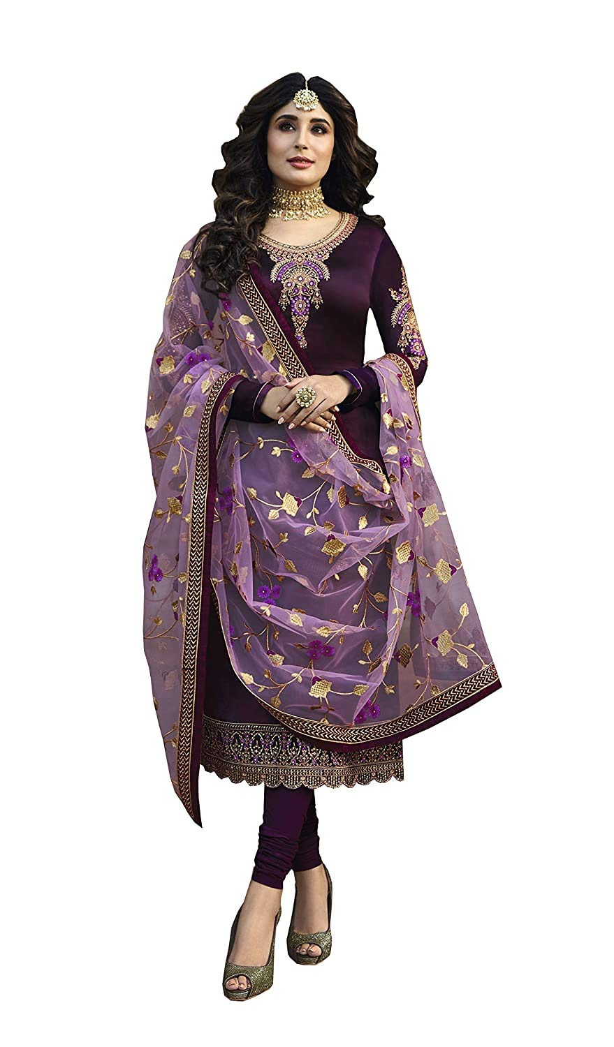 Miss Ethnik Women's Maxi Semi Stitched Anarkali Gown (ME-997_Purple_Free Size)
