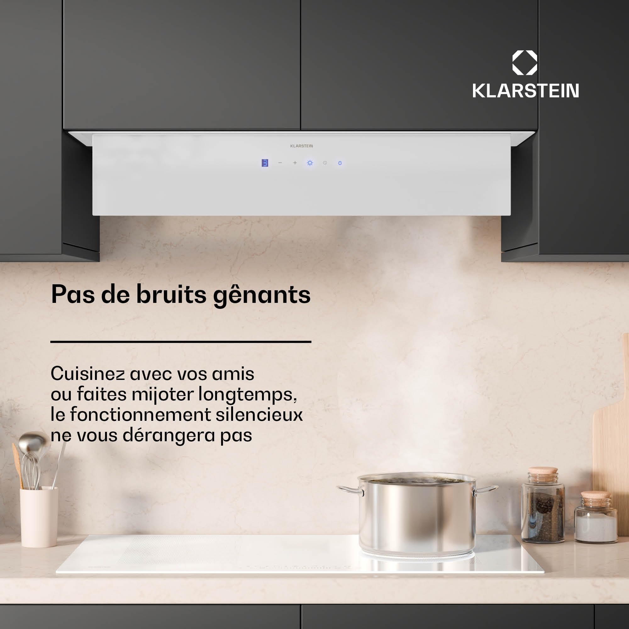 Klarstein Ventimate Hotte à Tiroir, 85cm Hotte Cuisine Aspirante avec Commande Tactile, 390 m³/h, Efficacité Énergétique A+, Moteur Silencieux, Éclairage LED, Filtre à Charbon, Blanc