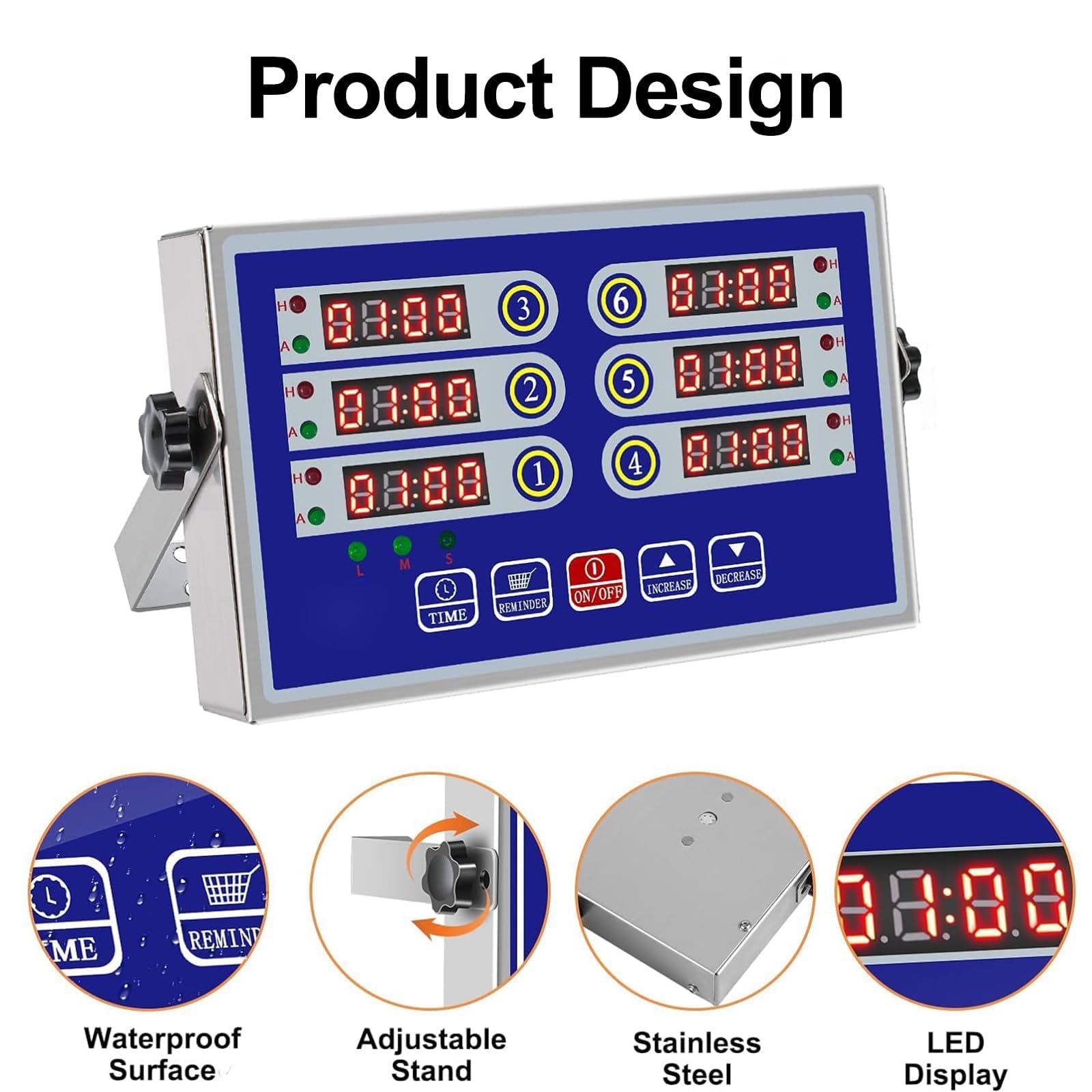 Digitaler Kochtimer, Edelstahl Küchentimer mit LED-Anzeige und lautem Alarm, 6 K Timer für Restaurant oder Zuhause, genaue Zeitmessung zum Kochen