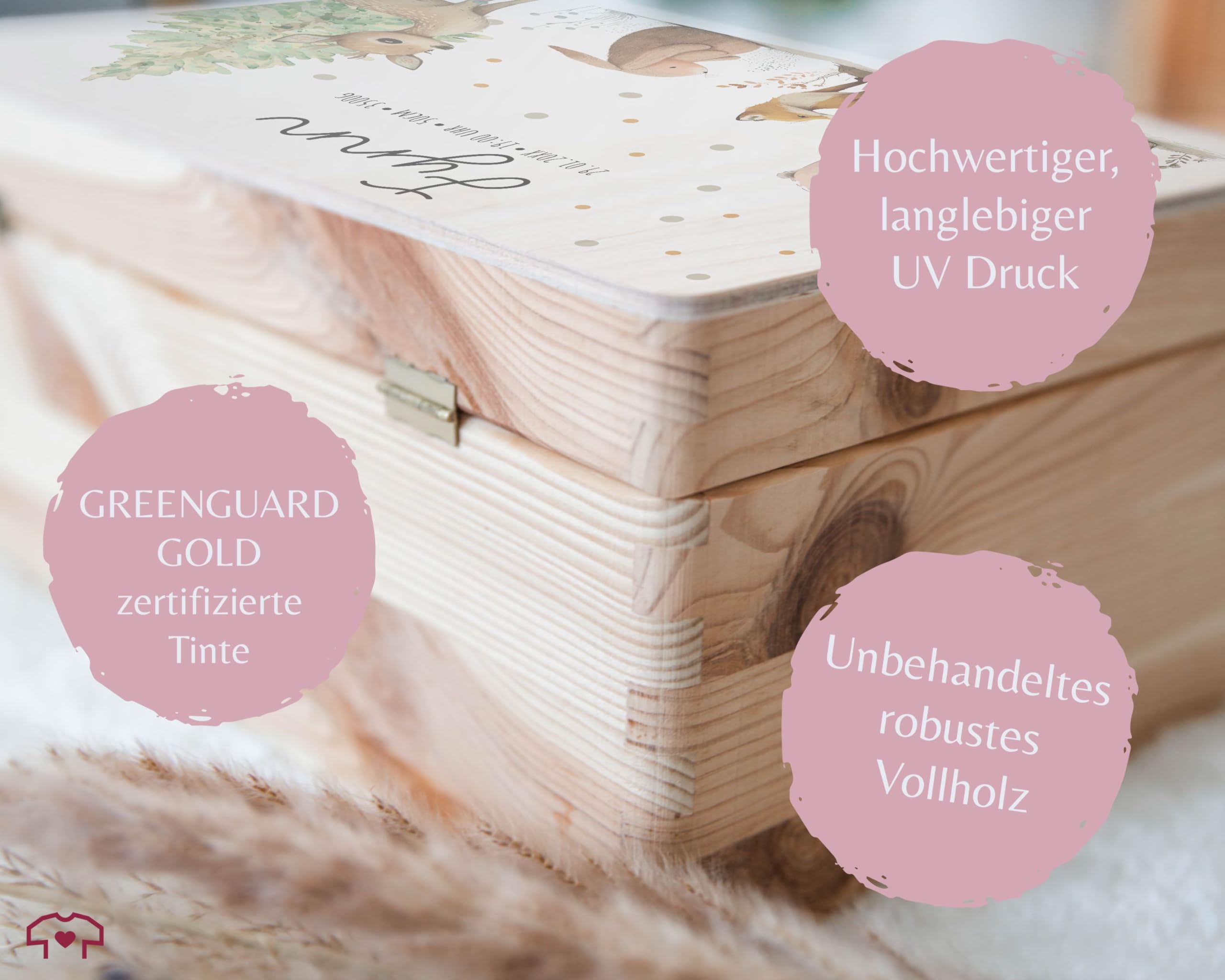 Holz Geschenkbox - Tiere - Baby Geschenk Erinnerungsbox Waldtiere | Holzkiste zur Geburt personalisiert mit Name Datum Größe Uhrzeit - 30 x 20 x 14 - Holz - originelle geschenke für babys