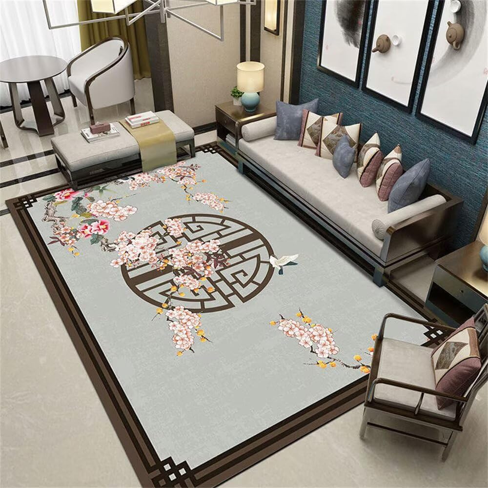 Tapis de salon bleu fleurs roses lavable pour effacer facilement les taches du quotidien