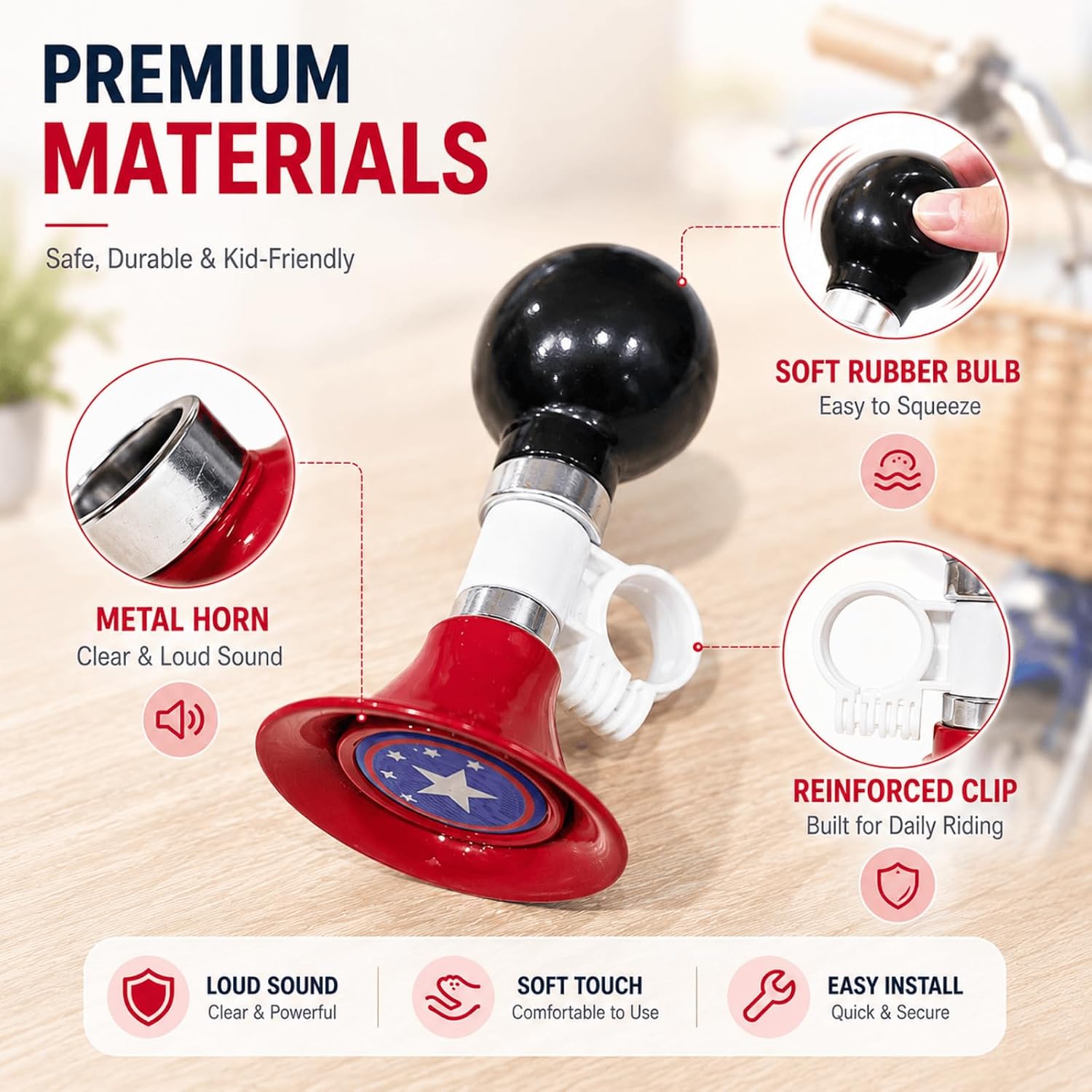 Bike Horn for Kids & Adults, Rubber Squeeze Bicycle Bell with Metal Trumpet