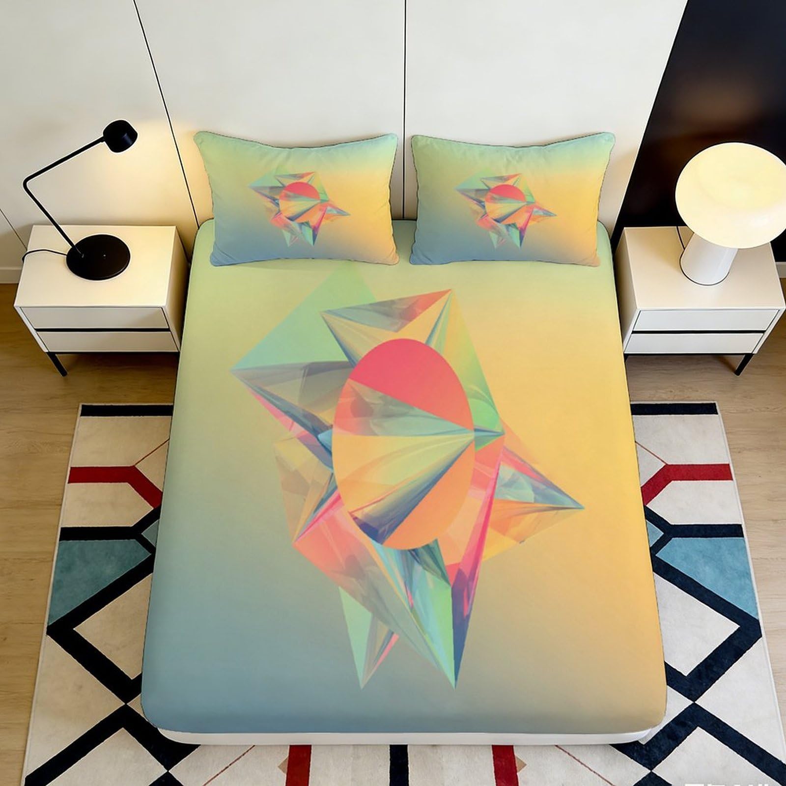 3D Printed Geometric Abstract Fitted Sheet Microfiber Soft Pastel Polygon Mattress Cover Bedroom Dorm Decor 90x200x25cm
