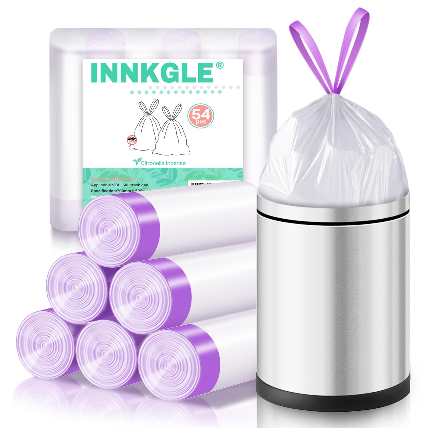 Bin Bags 30-50L Bin Liners White Drawstring Biodegradable Trash Bags with Fresh Scent,No-Tear Feature, Durable & Leak-Proof Waste Bags, 60x70cm, Biodegradable Rubbish Bags for Multi-Scene Use