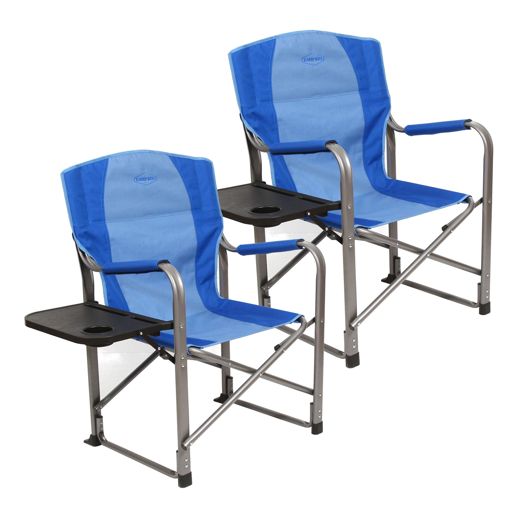 Kamp-Rite Director Portable Lounge Arm Chair Outdoor Furniture Folding  Sports Chair with Side Table and Cup Holder, Blue (2 Pack)