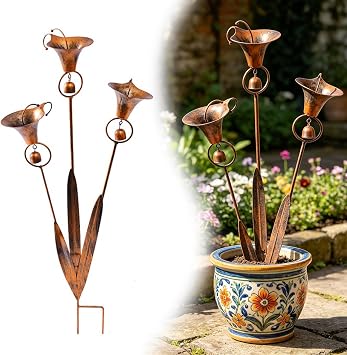 2026 Flamed Copper Three Calla Lilies Garden Stake with Bells, Rain Catcher Flower Handmade 24inch Large Whimsical Metal Plant Sculpture Yard Art Decor, Rustic Wind Chime Ornament Gift