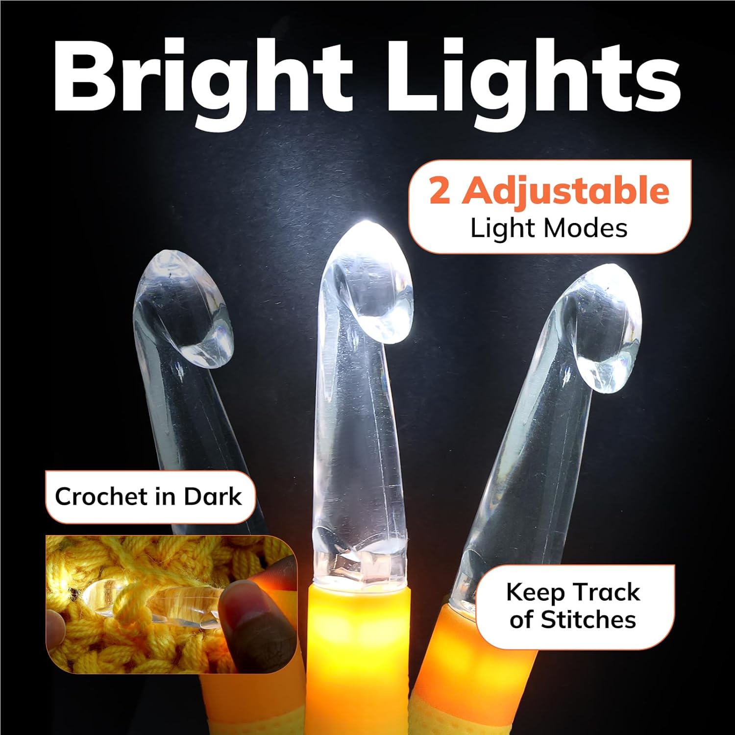 PP OPOUNT 18 Sizes Light Up Crochet Hook Set (2.0–14.0mm) - Plastic Rechargeable Lighted Hooks with LED & Digital Counter, Sliver Crochet Tools and Orange Counting Crochet Hook（Ambidextrous
