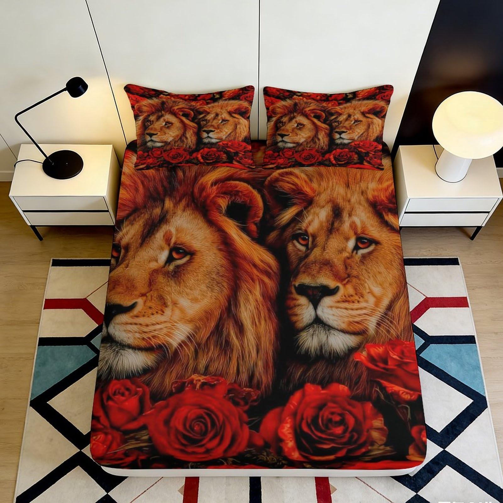 Uynsixtme Style-6 3D Printed Lion Rose Fitted Sheet Microfiber Deep Pocket Bedroom Bedding Lion Rose Mattress Fitted Cover Non-Slip For Adults 140X200x25cm