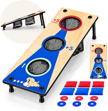 2 in 1 Cornhole Toss Game Set, Double-Sided Wooden Board with Built-In Nets, Portable Bean Bag & Washer Game for Kids Adults Indoor Outdoor Party