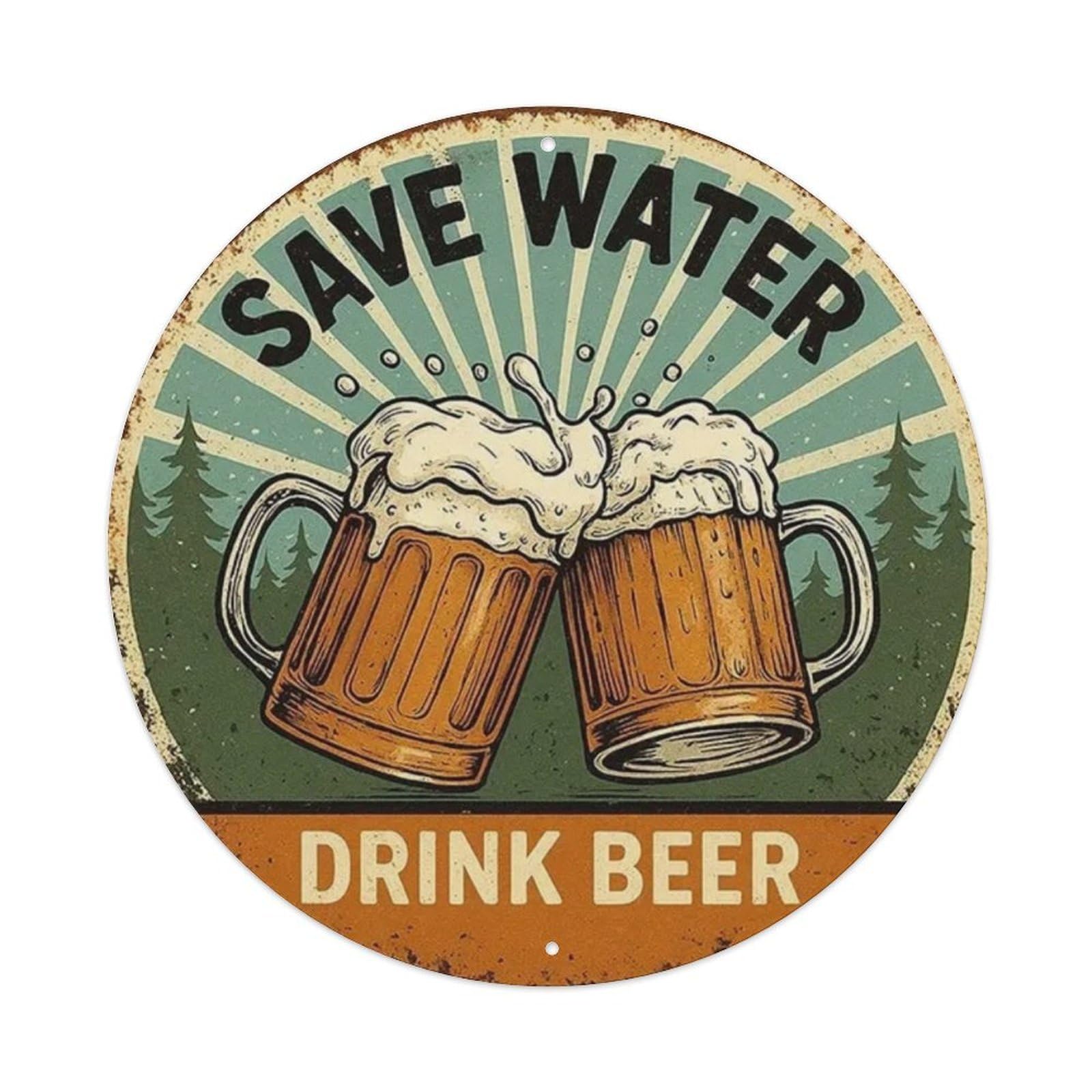 Save Water Drink Beer Funny Round Tin Sign Vintage Metal Sign Home Bar Garden Wall Decor Metal Poster 8x8 Inch