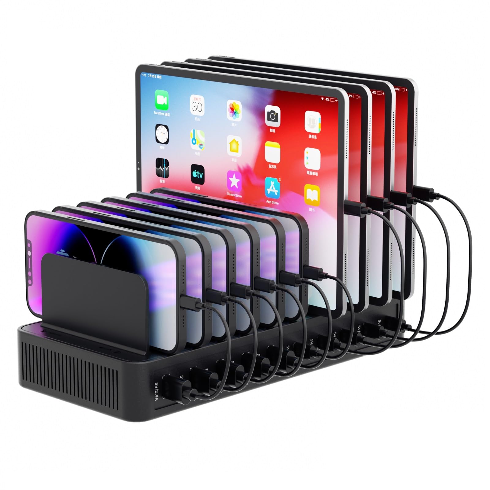 60W Charging Station for Multiple Devices, 10-Port USB Fast Charging Station with Adjustable Dividers - Device Organizer Charging Dock for iPhone, Android, iPad, Tablets & More