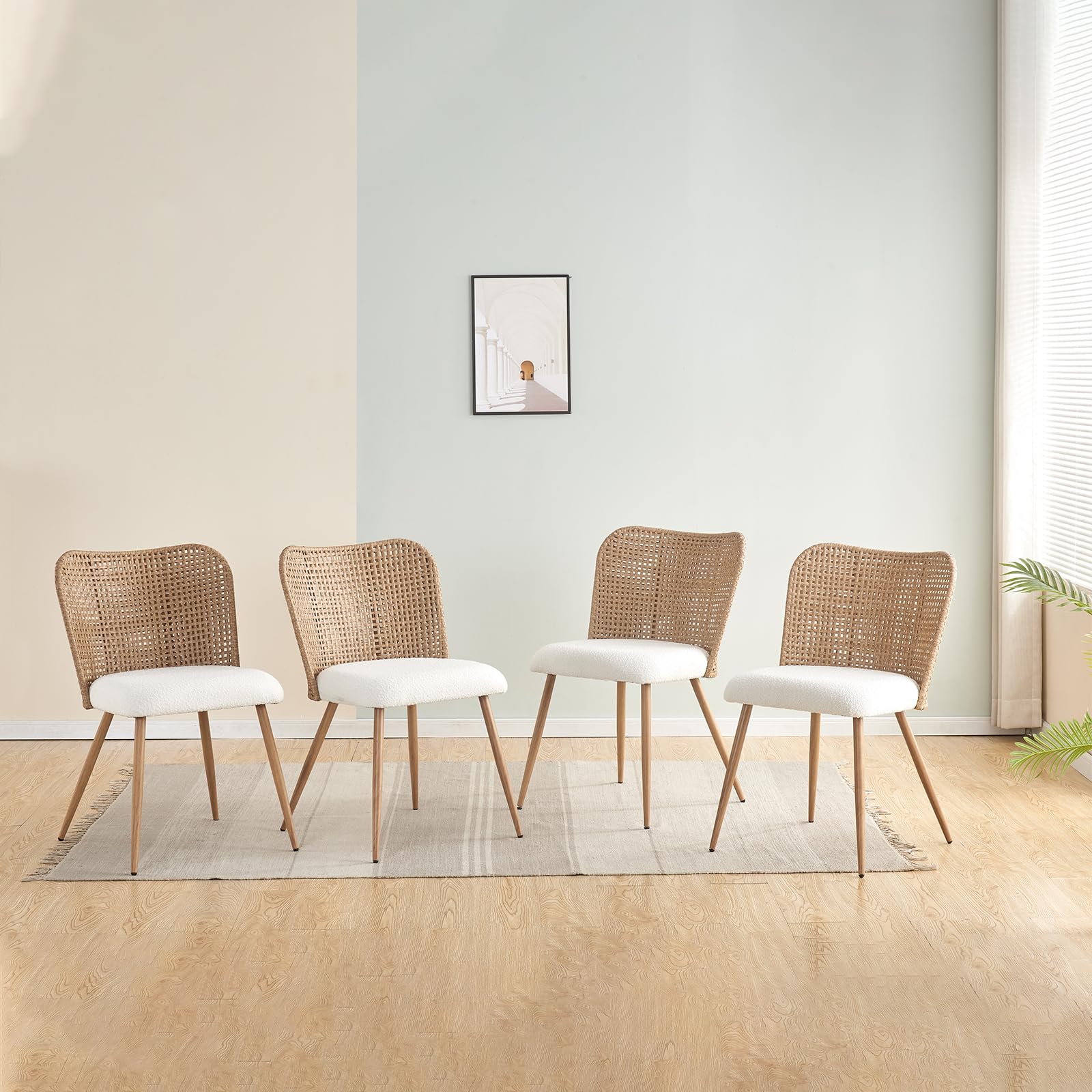 YLKHOME Rattan Dining Chairs Set of 4, Wicker Boucle Kitchen Chairs with Cane PE Rattan Backrest,Upholstered Dining Chairs Fabric Kitchen Chairs Set