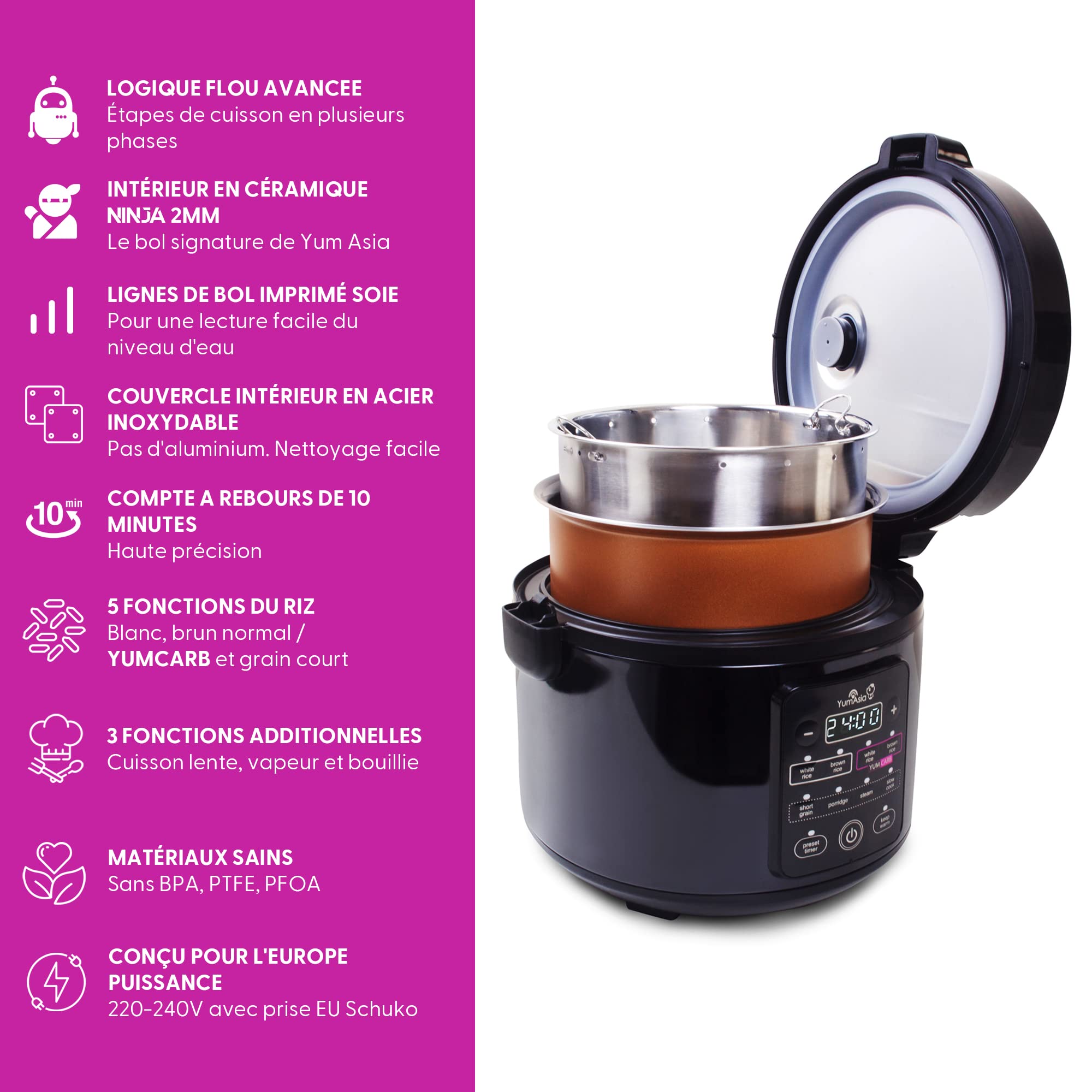 Yum Asia Kumo YumCarb Cuiseur à riz avec bol en céramique et logique floue avancée, (5,5 tasses, 1 litre), 5 fonctions de cuisson du riz, 3 fonctions multicuiseurs, 220-240V