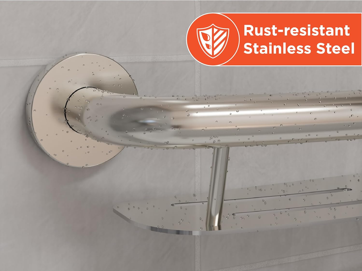 HEALTHCRAFT Plus 2-in-1 Shampoo Shelf and Grab Bar 24 Inch | ADA Compliant Wall-Mounted Bathroom Safety Grab Bar for Seniors, Supports up to 500 Lbs (Brushed Stainless)