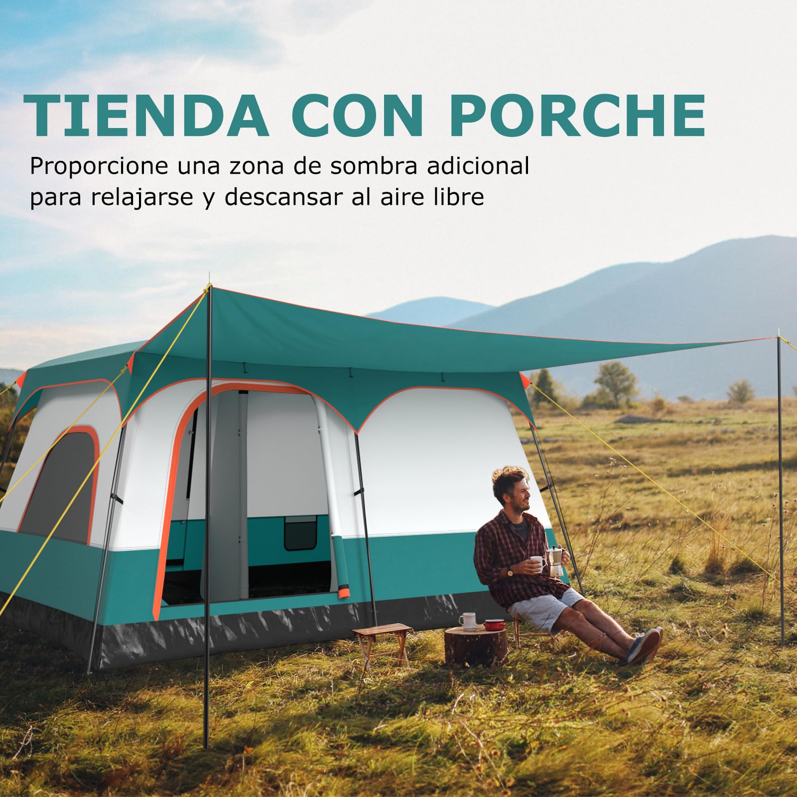 COSTWAY Tienda de Campaña 4-10 Personas, Porche, 2 Habitaciones, 2 Puertas, 2 Ventanas de Malla, Tienda de Campaña Familiar Grande, Capa Doble para Camping, Picnic