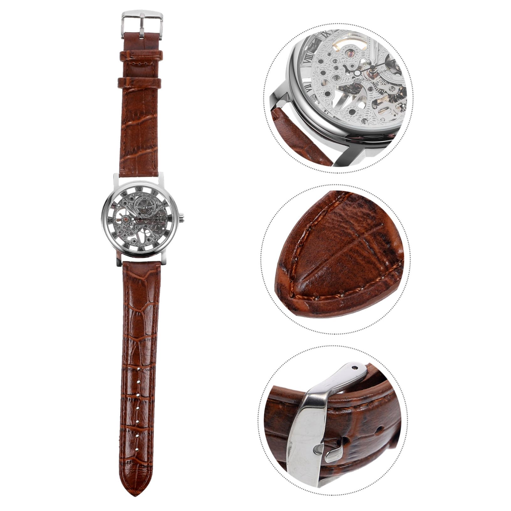 Healvian Winner Orologio Meccanico Manuale con Rotondo Cinturino PU Regolabile Marrone e Cassa Preciso e Design