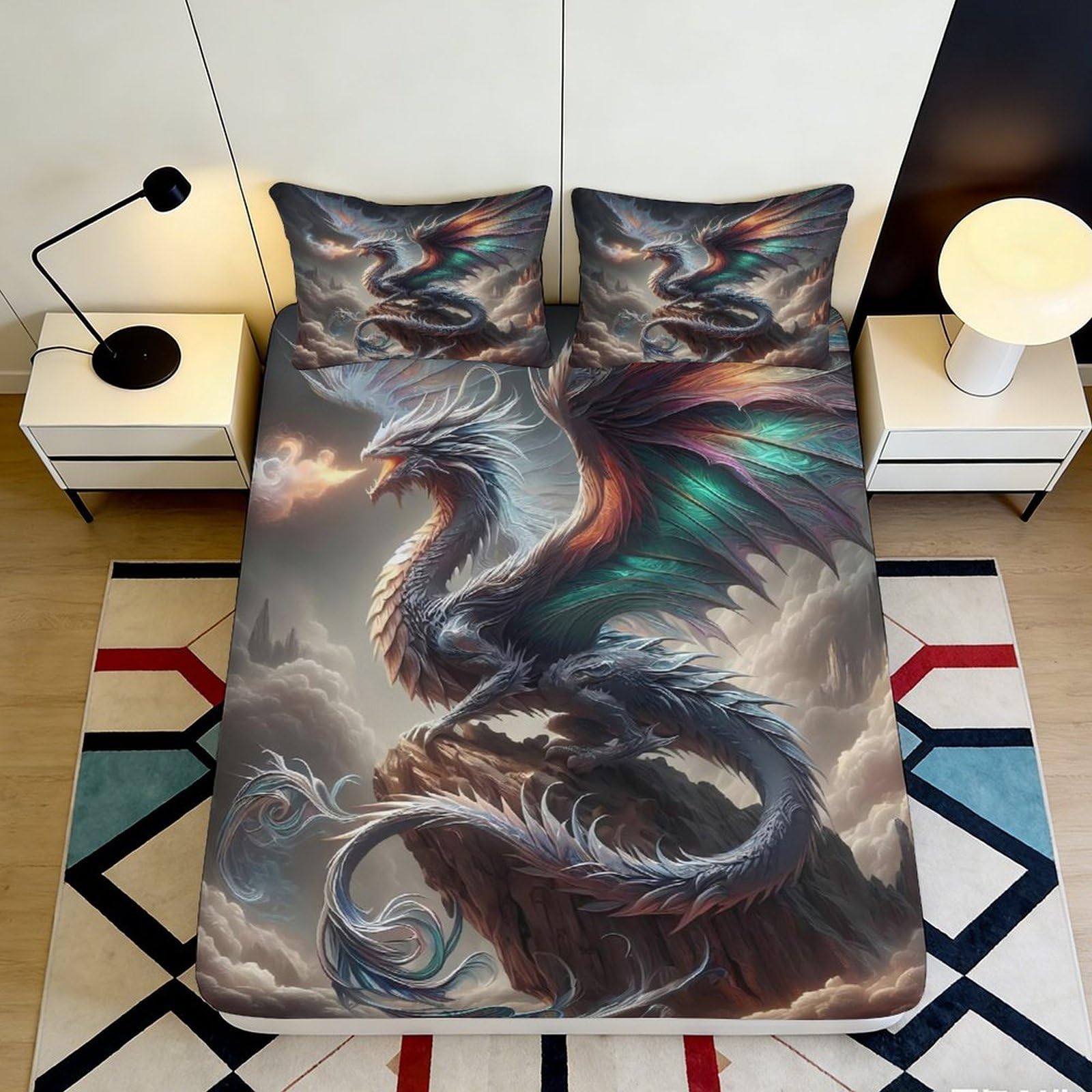 Pnayamiorkfel Style-8 3D Printed Fantasy Dragon Fitted Sheet Microfiber Soft Breathable Fire Wing Bed Sheet For Bedroom Dorm Decor 90X200x25cm