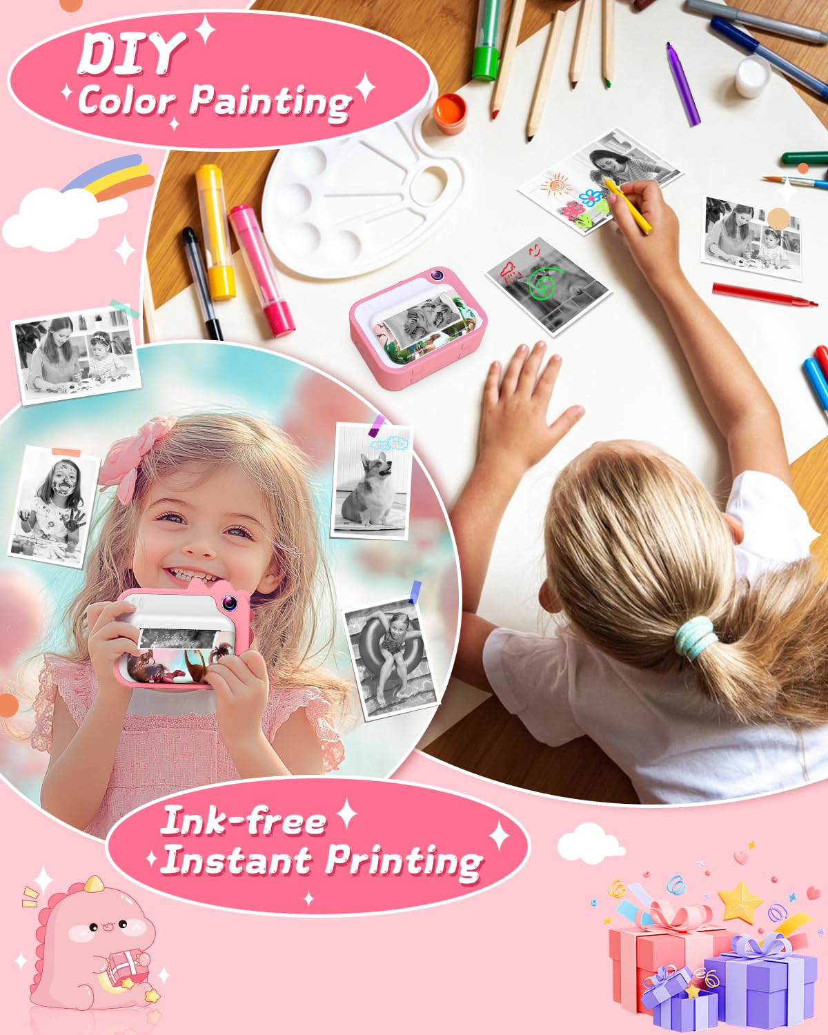 Cámara de impresión instantánea para niños, cámara de impresión instantánea de dinosaurio para niños con video de 1080P, tarjeta SD de 32 GB, 240 fotos, regalos de cumpleaños de Navidad para niños y 6