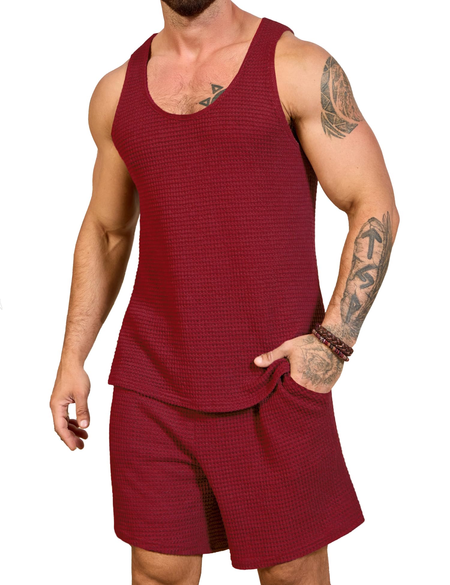 Mens Waffle Shorts Sets 2 Piece Outfits Sleeveless Summer Beach Tank Tops and Shorts Casual Loungewear Sets Suits