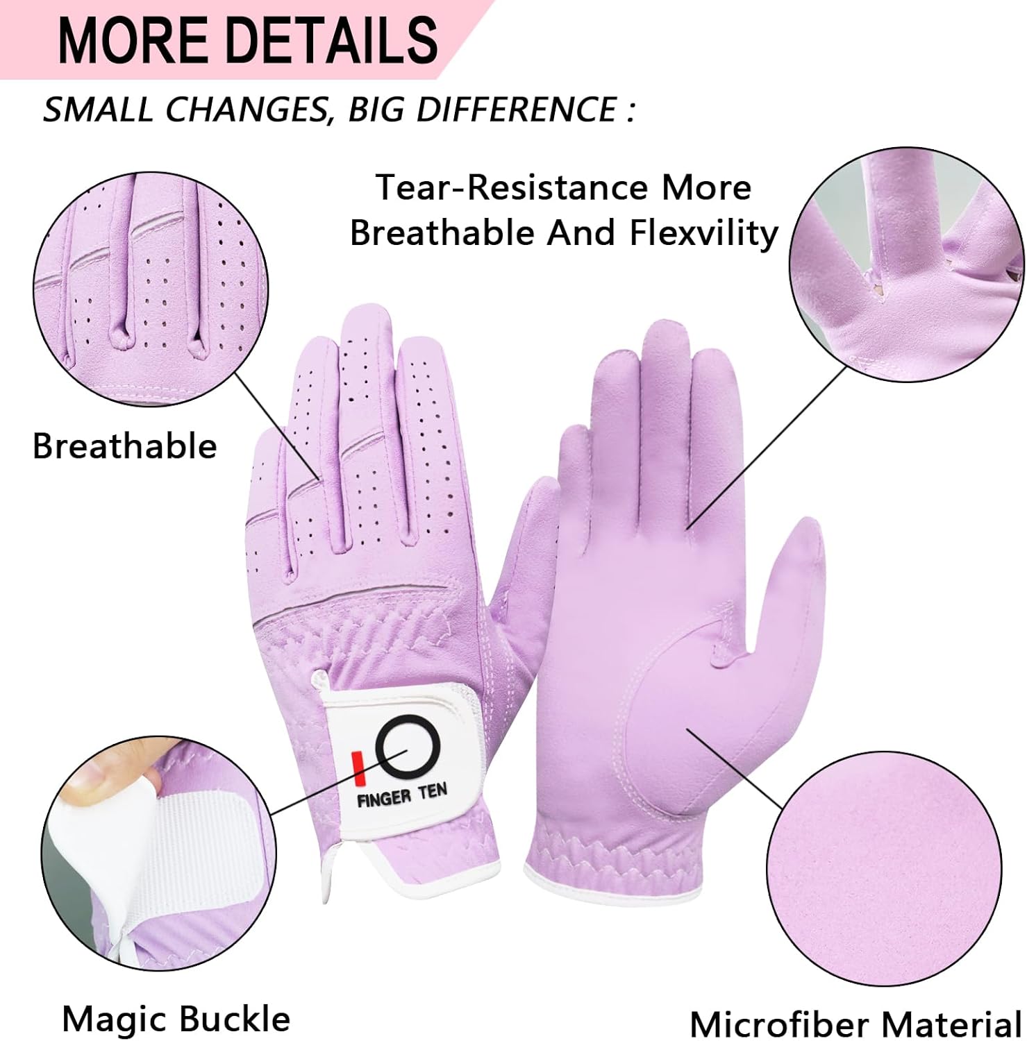 FINGER TEN Womens Ladies Golf Gloves Pair Both Hand or 2 Pack Left Right Hand, All Weather Grip & Comfortable Glove for Serious Performance, Stylish Pink White Fit S M L XL - Image 2