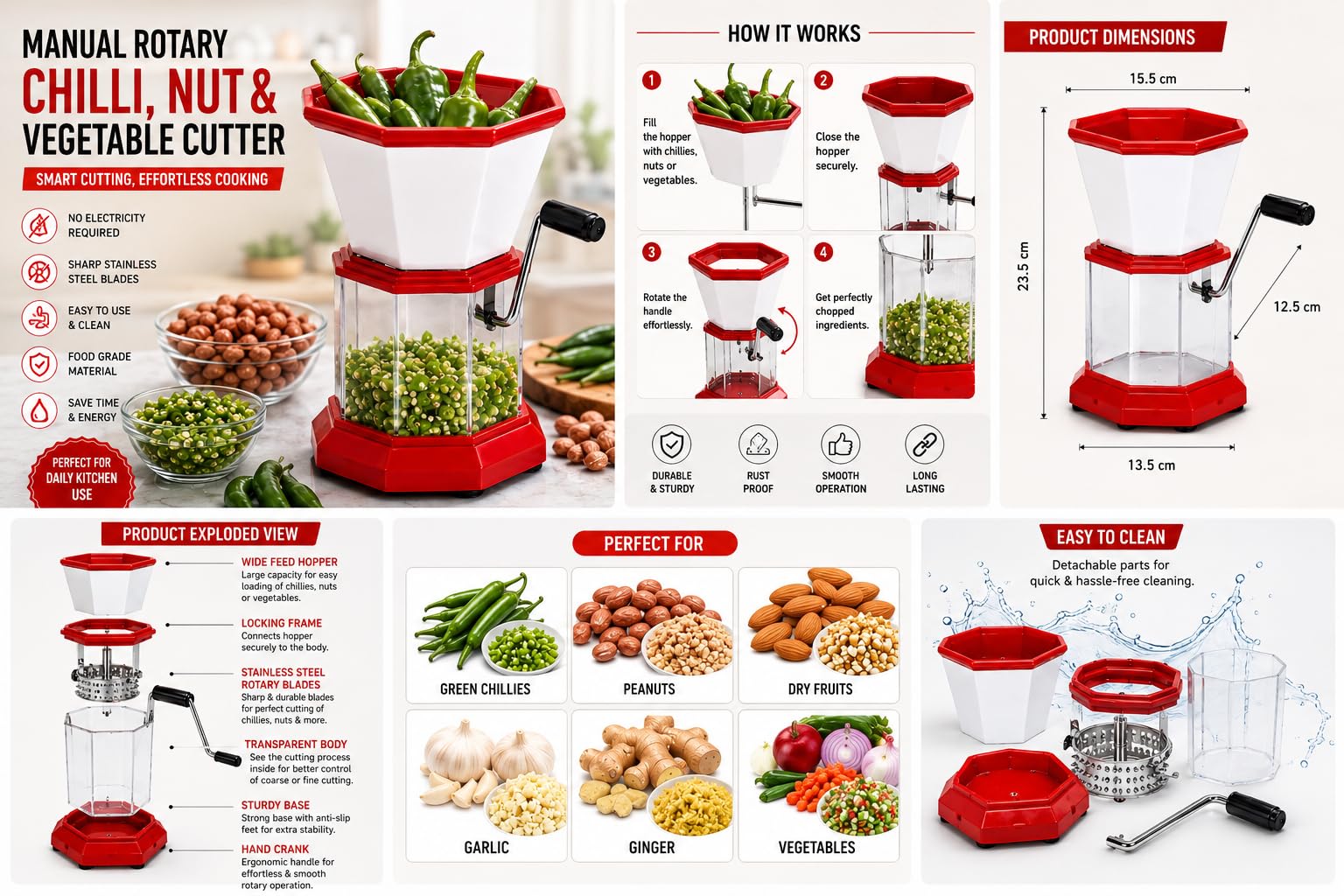 Red Manual Food Chopper - Fast & Easy Prep -5