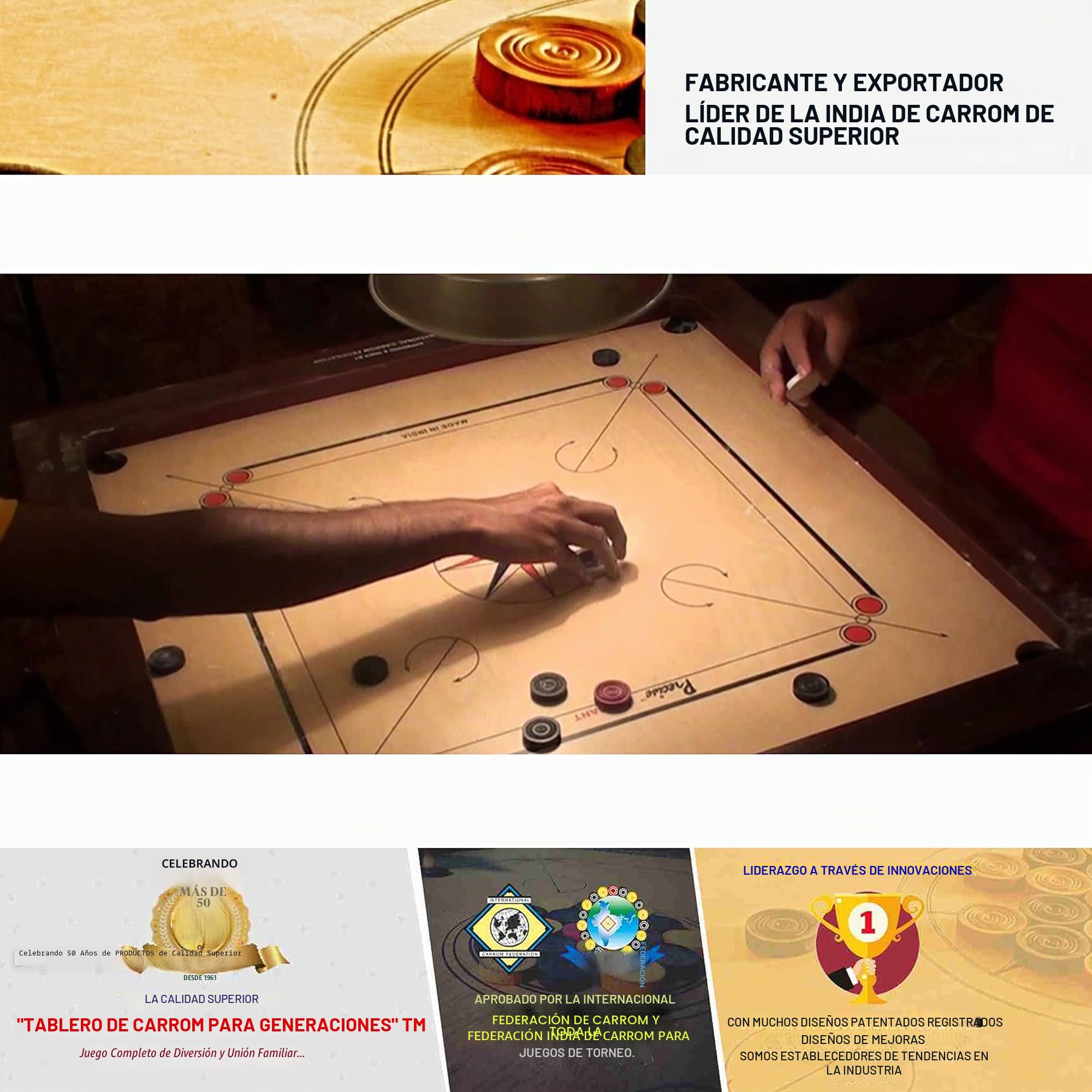 Carrom Original 6 mm Chroma Excel Juego profesional completo patentado, hecho a mano en la India, para 4 jugadores a partir de 9 años