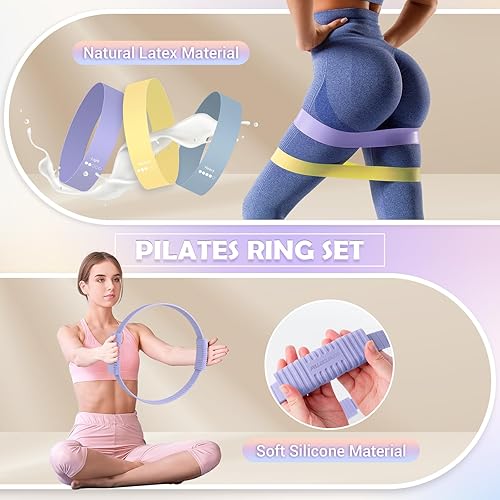 Miniatura 3 de Kit esencial de pilates para mujer, juego de anillo y pelota de pilates de 13.5 pulgadas con bandas de resistencia para entrenamientos en casa, kit