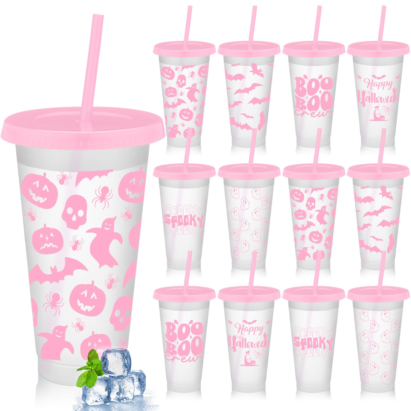 SiliFine 12 Set Plastic Cups with Lids and Straws, Reusable Cups Bulk with Lids Plastic Tumblers for Party Supplies Cold Drink, 24 oz (Pink)