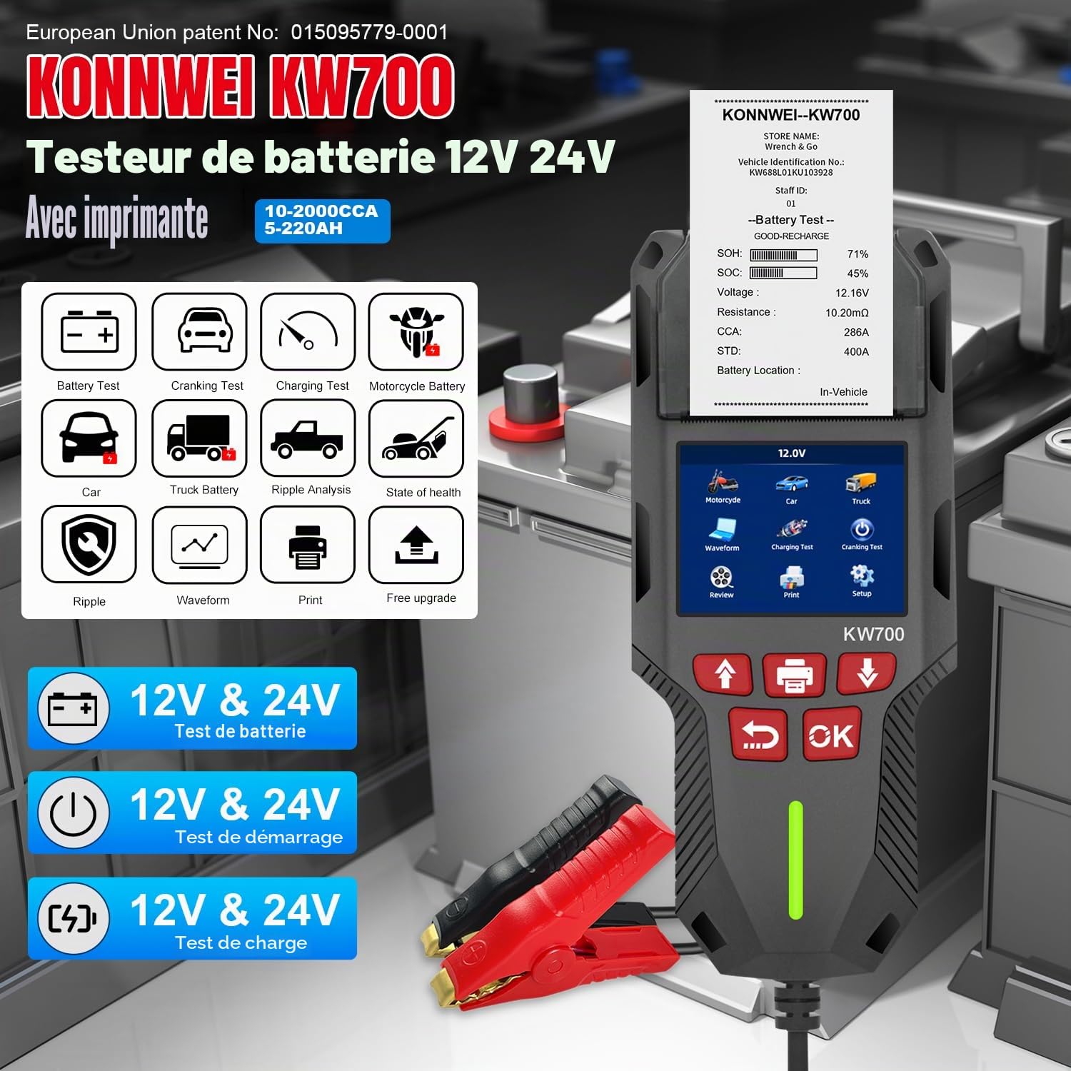 KONNWEI KW700 Testeur Batterie Auto 12V/24V avec Imprimante, Analyseur Batterie Digital pour Voiture, Camion, Moto, AGM/GEL/EFB/Lithium, CCA/EN/DIN, Start-Stop, Diagnostic Charge & Démarrage