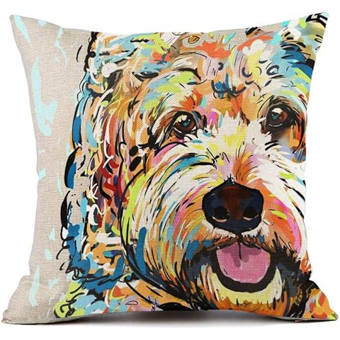 Cute Pet Goldendoodle Frise Dog Pattern Throw Pillow Covers Linen Cushion Cover Cas...