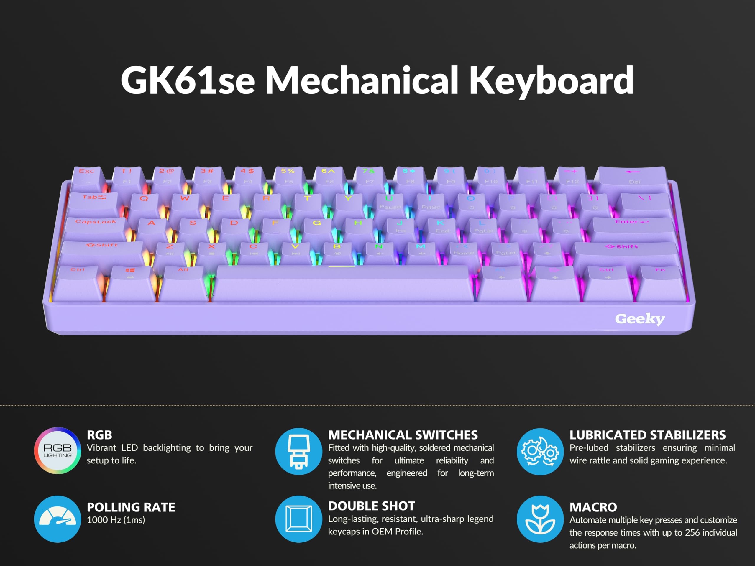 Geeky GK61 SE 60% | Mechanical Gaming Keyboard | 61 Keys Multi Color RGB LED Backlit for PC/Mac Gamer | ANSI US American Layout (Lavender, Mechanical Brown) — view 5