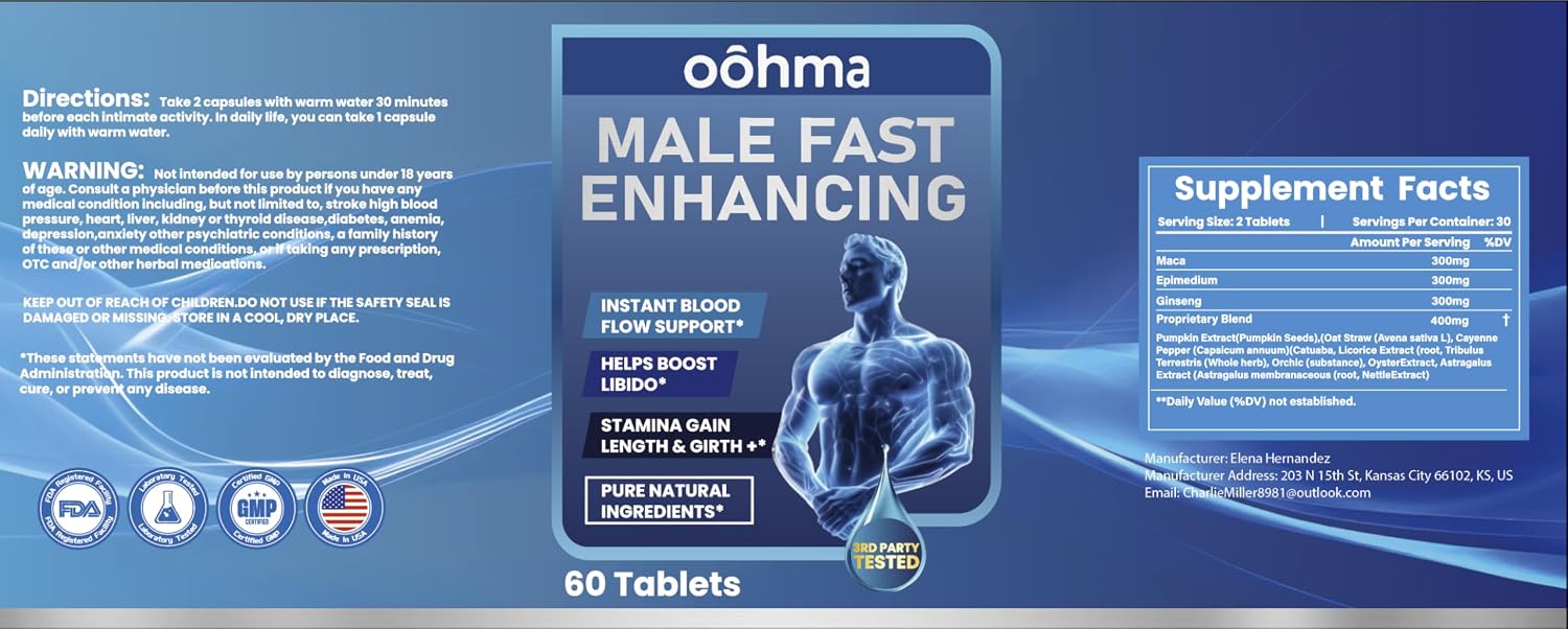 New Male Enhancing Supplement, Designed to be Fast Acting for Blood Flow to Gain Length & Girth + Stamina, Maca, Epimedium, and Other Natural Ingredients, 3rd Party Tested Supplement 60 Tablets