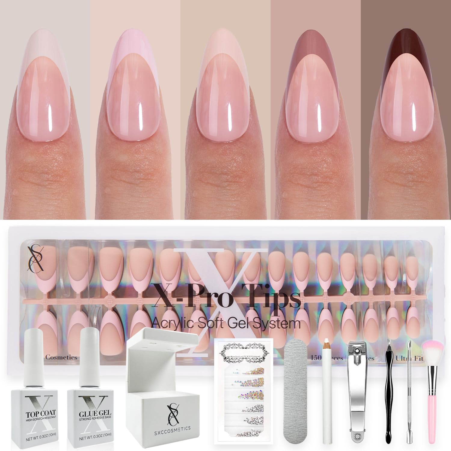 SXC Cosmetics French Tip Press On Nails - Skin Tone Nude and Color Series, Medium Almond X-Pro Tips Starter Kit ST115KIT