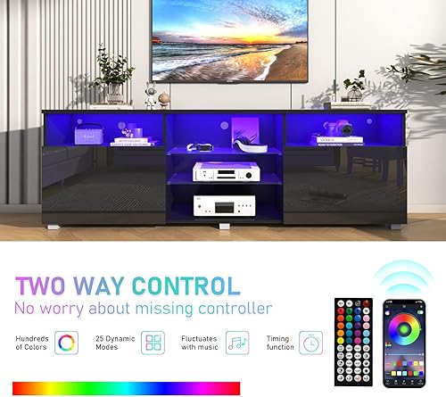 Miniatura 21 de Soporte de TV negro LED de alto brillo para TV de 55/60/65 pulgadas, moderno centro de entretenimiento LED con estantes de almacenamiento