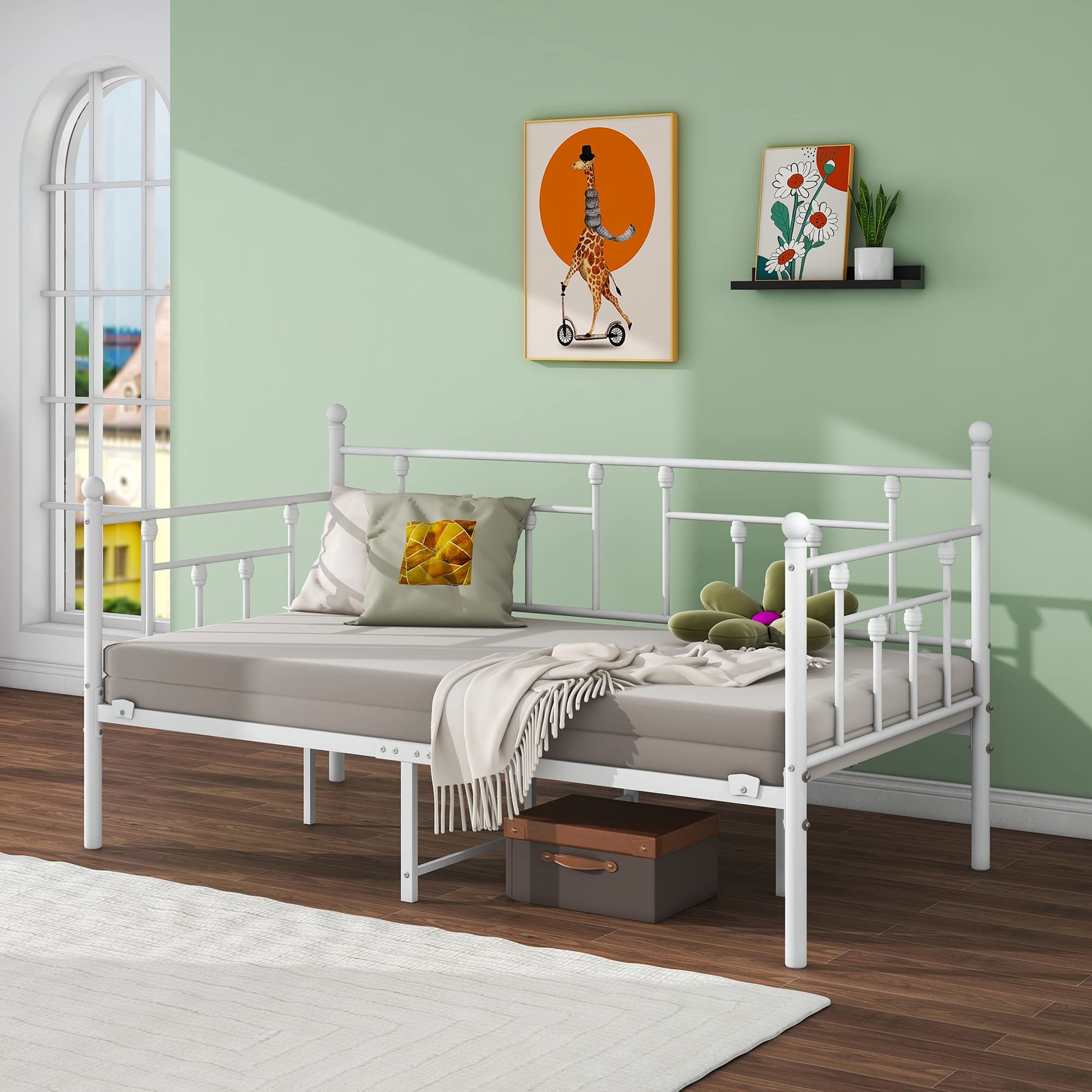 Marco de cama de 90 x 200 cm, sofá individual con somier de láminas para habitación de invitados, jóvenes, cama de metal para dormitorio, sala de estar, color blanco