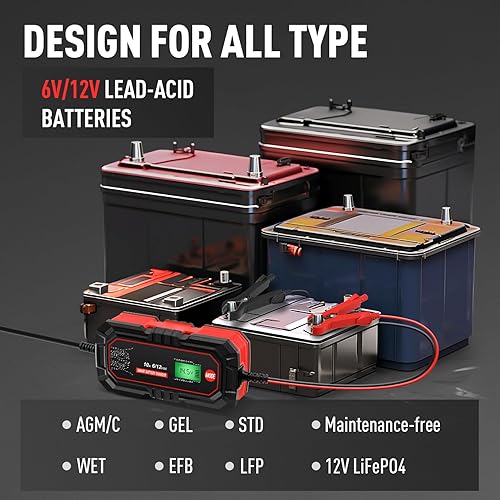 Miniatura 6 de Sailnovo Cargador de batería de 10 A, cargador inteligente de goteo de 6 V 12 V, 10 etapas y 14.6 voltios LiFePO4 Mantenedor de batería automático