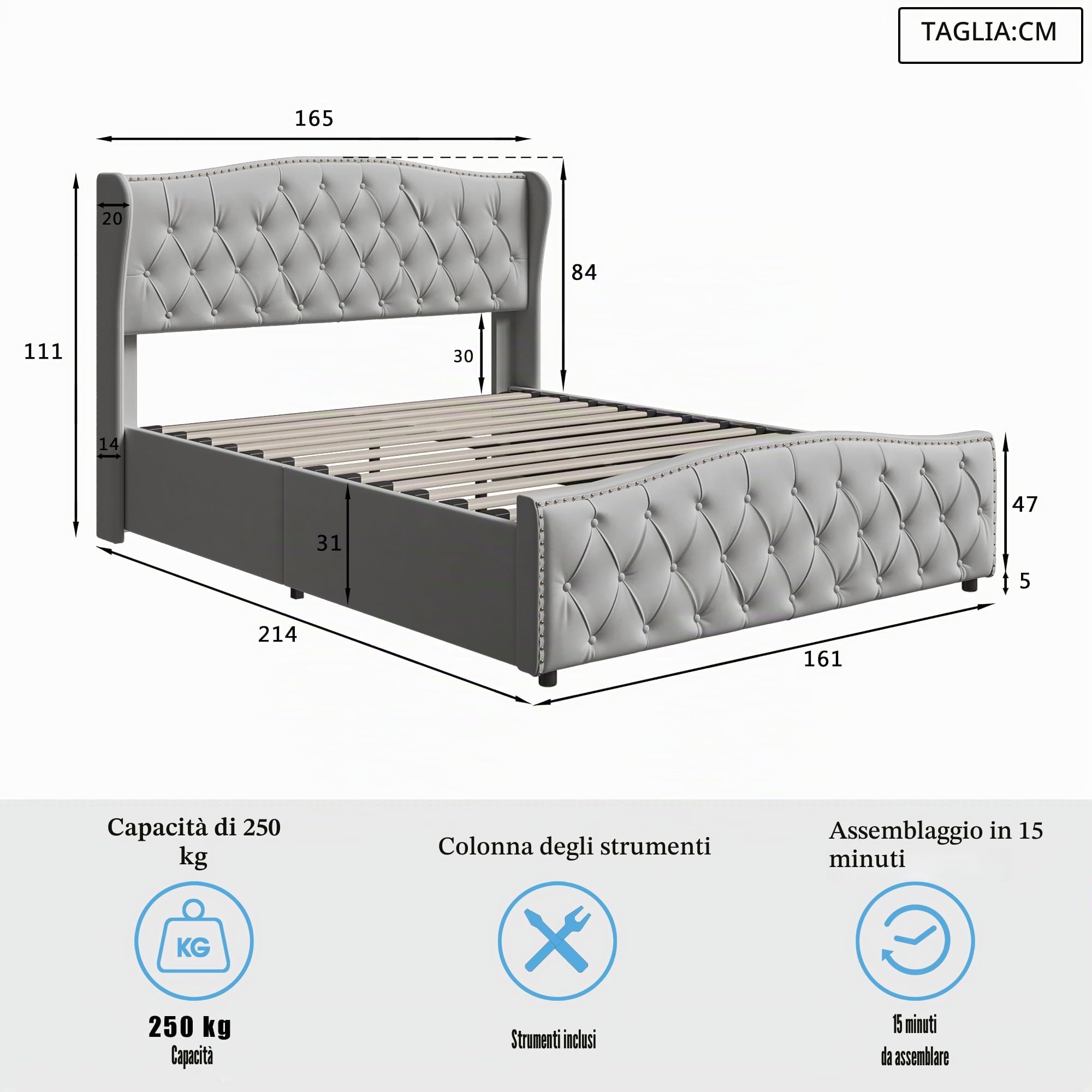 Letto Imbottito Matrimoniale 160 x 200 cm, Letto di Stoccaggio Idraulico
