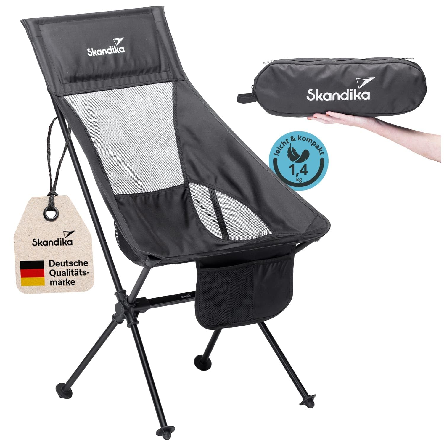 Skandika Compact Sedia da campeggio fino a 150 kg di carico | Sedia da pesca, piccola, pieghevole, stabile, leggera, imbottita (nero)
