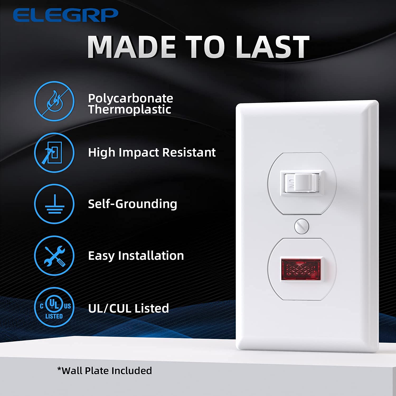 ELEGRP Single Pole Pilot Light Switch, Lighted Toggle Switch and Illuminated Light, 15A, 120V, in-Wall On/Off Switch, Self-Grounding, Wall Plate is Included, UL Listed (1 Pack, Glossy White)