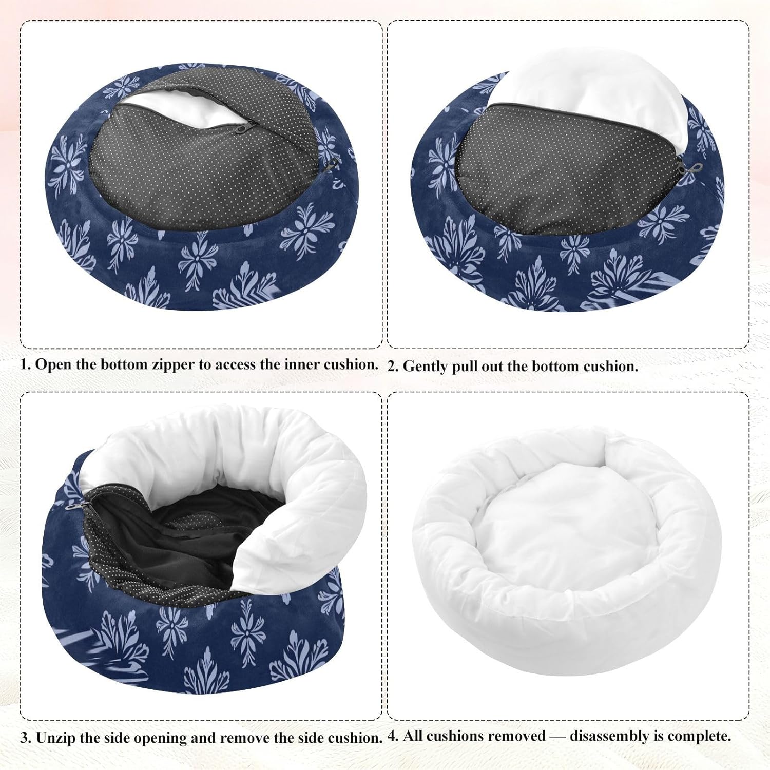Dark Blue Sretro Flowers Pet Dog Bed Anti-Slip Cat Pillow Bed for Extra Small Size Pets Supplies S