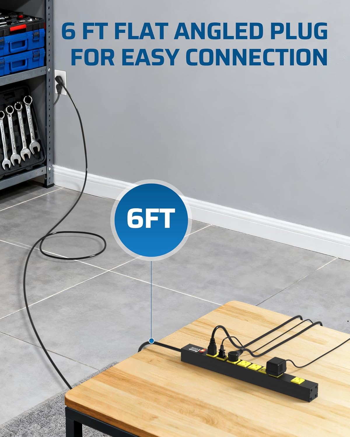 DEWENWILS Industrial Power Strip 8 Wide-Spaced Outlet, Metal Workshop Power Strip, Surge Protector, Heavy Duty Extension Cord, SJTW 14/3C, 1875W, 15A Circuit Breaker for Garage