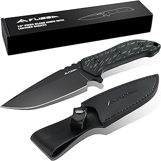FLISSA Survival Hunting Knife, 10-inch Full Tang Fixed Blade Knife with Leather Sheath, D2 Steel Blade, Micarta Handle, Tactical Knife for Outdoor Activities - FLISSA