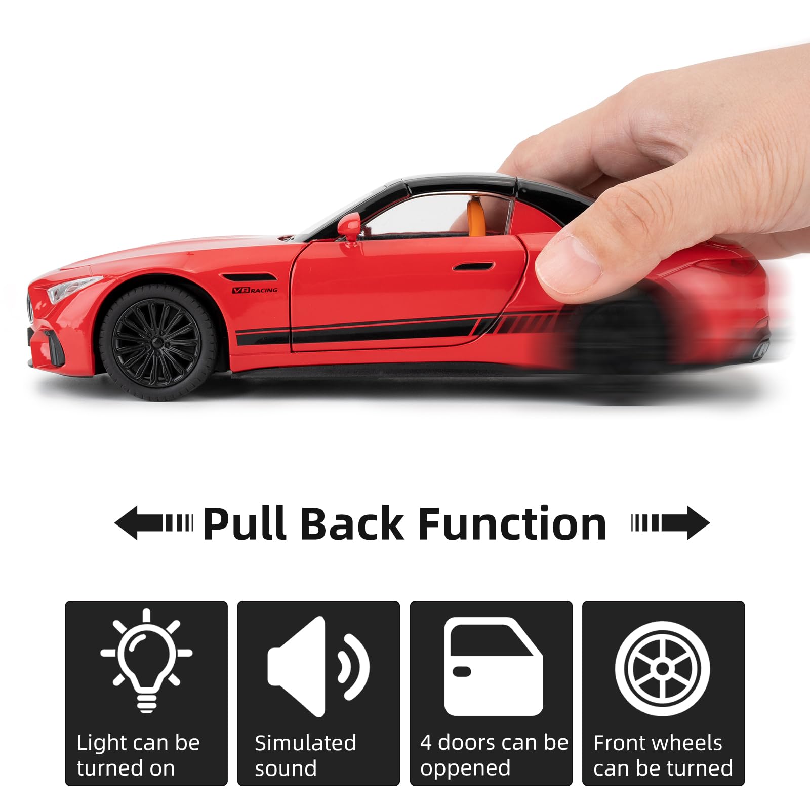 imtfzct Mercedes-Benz SL63 Toy car, 1:22 scale Model Car, Toy Car with Sound, Light and Pullback Function, Opening Door - Image 2