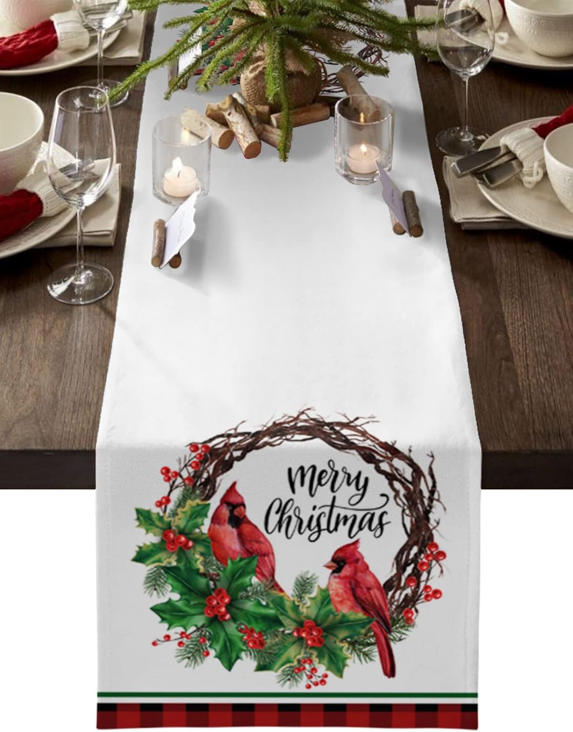 Christmas Table Runner 36 Inch Cardinal Birds Xmas Wreath Holiday Table Runners for