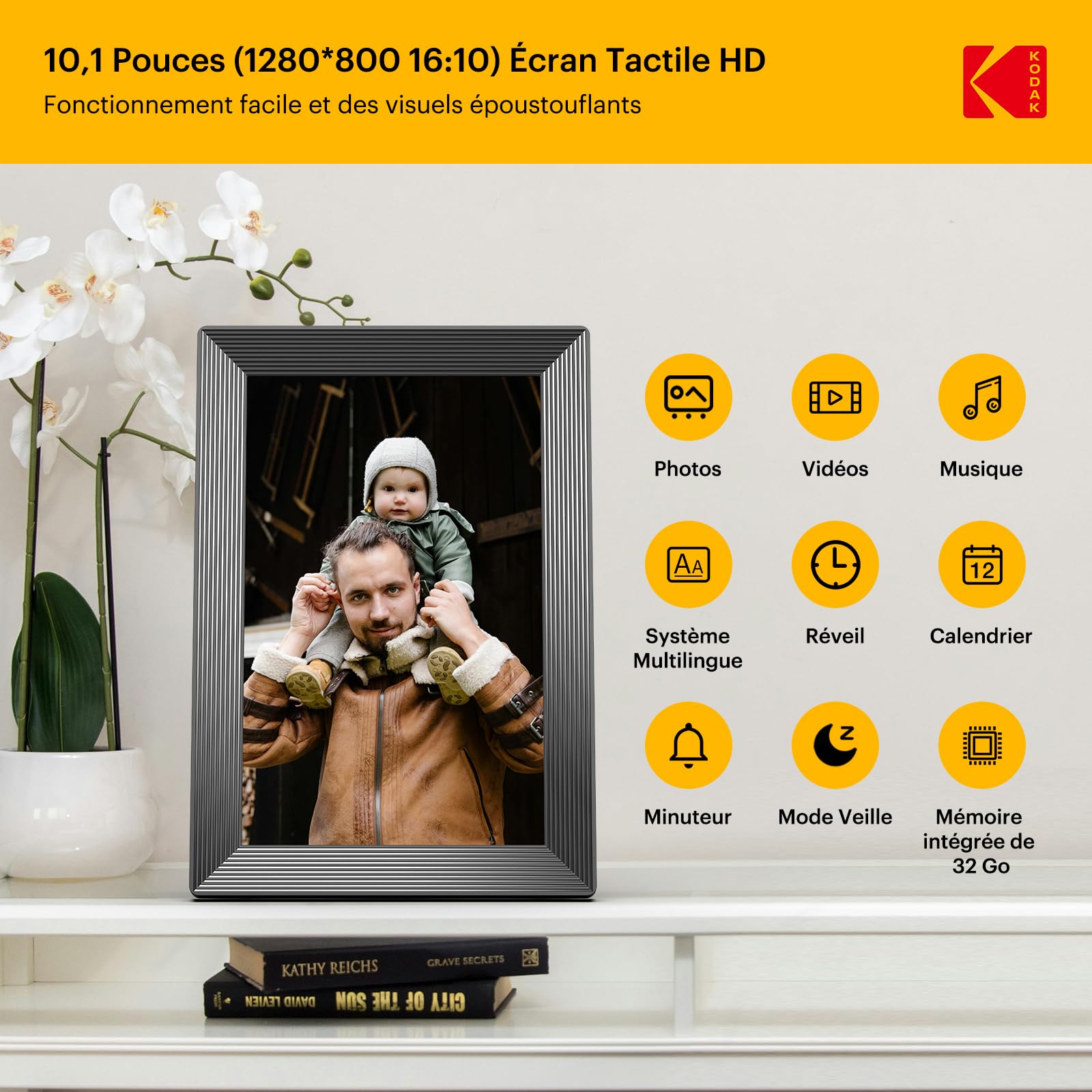 Cadre Photo Numérique KODAK 10 Pouces WiFi - Écran Tactile IPS HD | 32Go | Partage D'Photos Par App